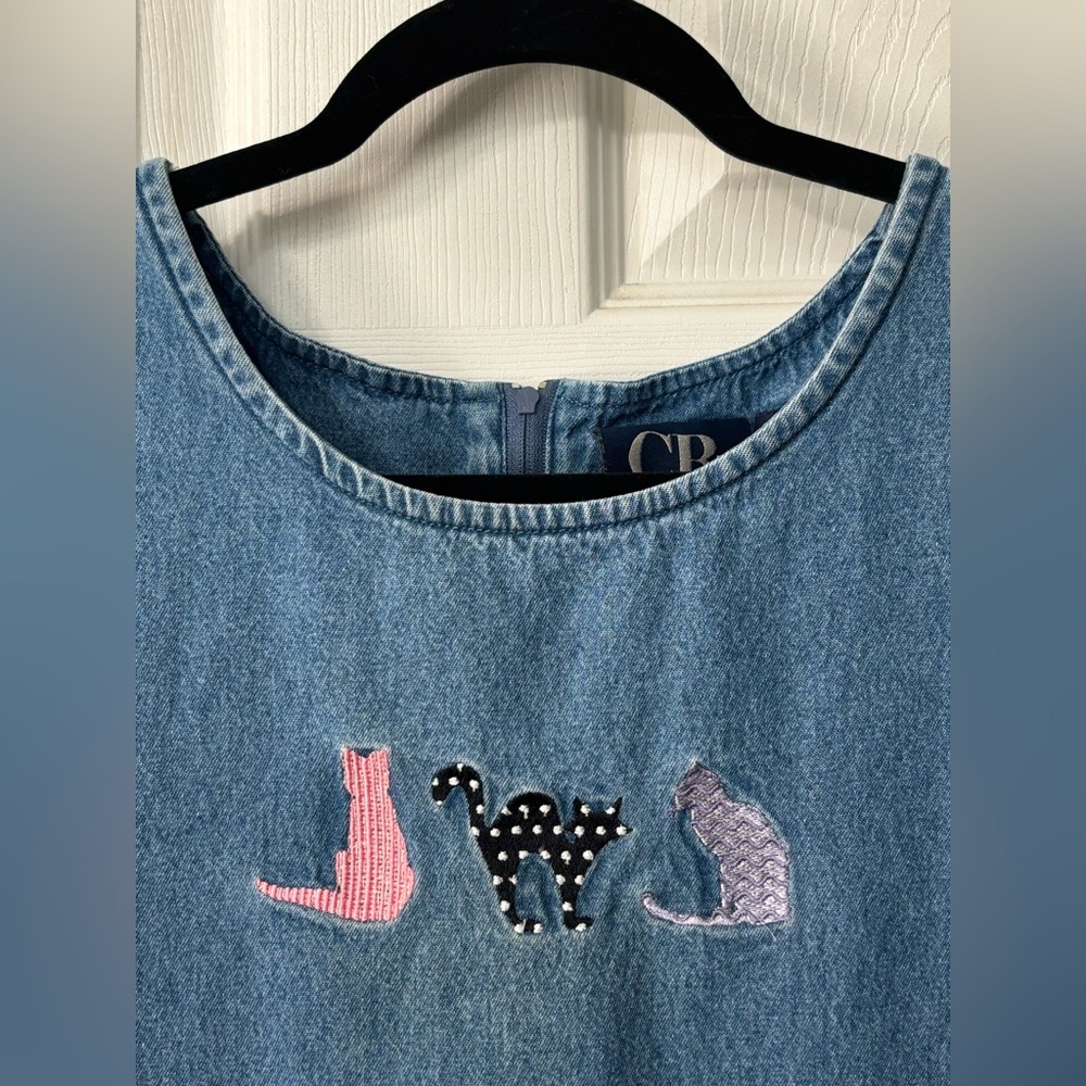 Vintage CB Casual Denim Woman Sz PL Embroidered Cats Pockets Casual Relaxed Fun - Picture 3 of 9